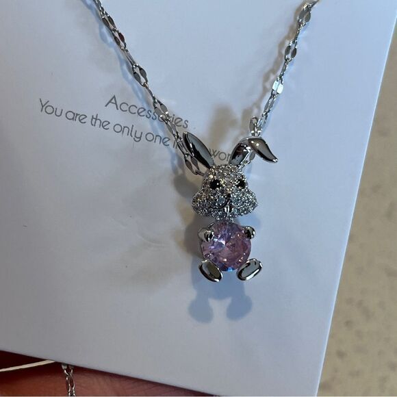 Silver and Pink Easter Bunny Pendant Necklace - Picture 7 of 10